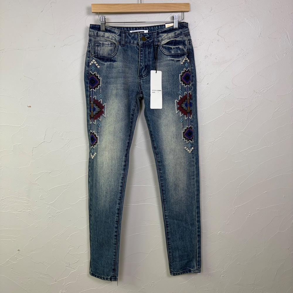 K'smore Tribal Embroidered Jeans Women Size 7 Skinny Denim Boho Western Beaded